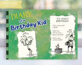弱虫日記の誕生日招待状、弱虫日記の誕生日招待状、本のテーマ、印刷可能なCorjlテンプレートのダウンロード