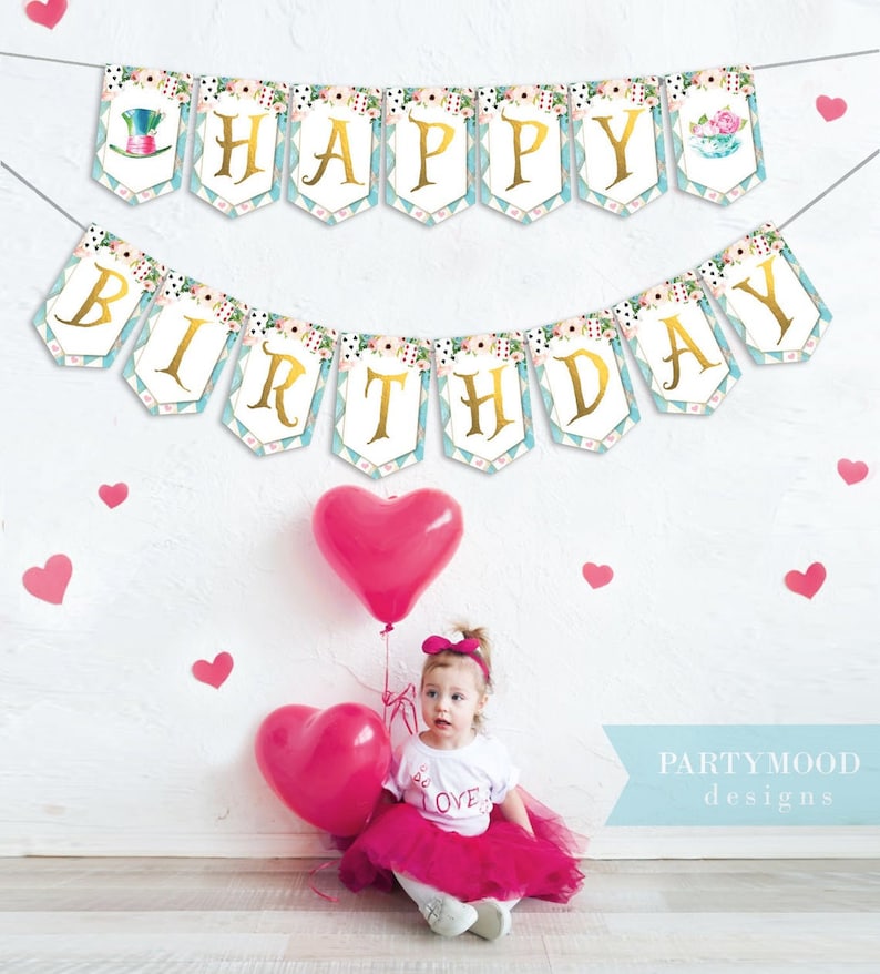 Alice In Wonderland ONE Banner, Highchair Banner, Onederland, Girl 1st Birthday Party, Mad Hatter Tea Party, Bunting, Digital Printable image 4