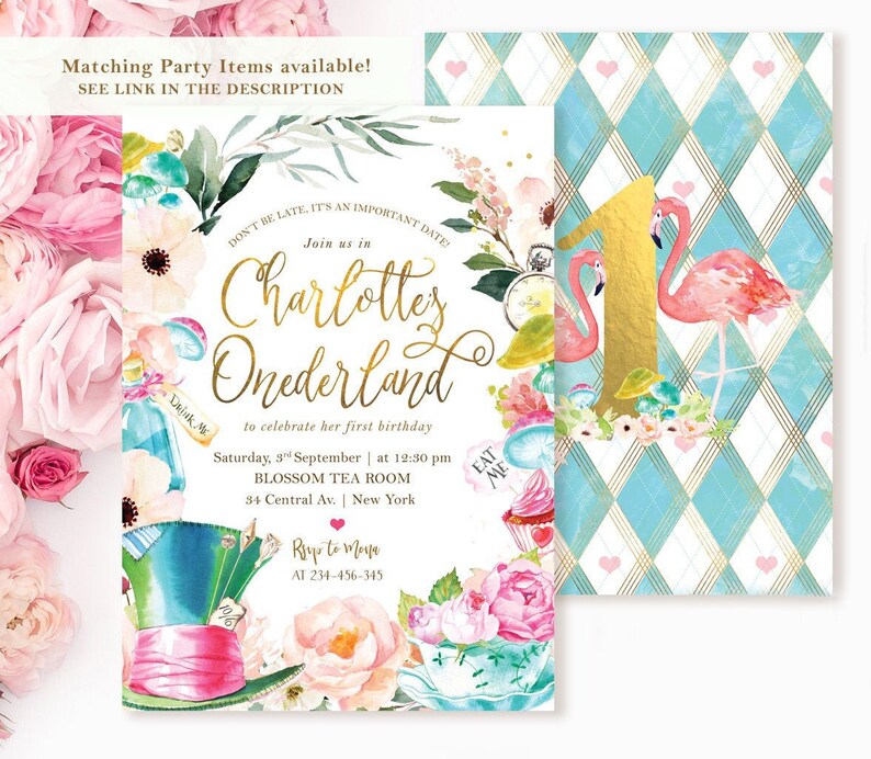 Alice In Wonderland ONE Banner, Highchair Banner, Onederland, Girl 1st Birthday Party, Mad Hatter Tea Party, Bunting, Digital Printable image 2