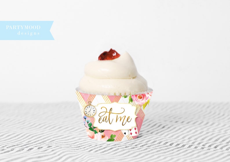 Alice In Wonderland Cupcake Wrappers Eat Me Wrapper Onederland Girl 1st Birthday Party Mad Hatter Tea Party Labels Digital