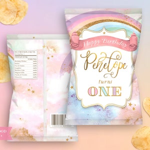 Rainbow Chip Bag, Rainbow Unicorn Birthday, Chips Bag Template, Magical Party Decor, Unicorn Girl Birthday, Rainbow Theme, Blush Pastel Gold