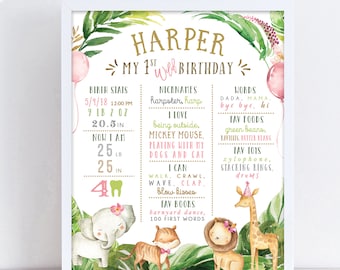 May include: A framed, personalized birthday sign for a child, featuring the name "Harper" in gold script. The design includes jungle-themed illustrations of animals, balloons, and text detailing the child's birth stats, favorite foods, and toys.