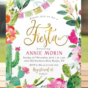 Fiesta Bridal shower invitation, Mexican party invitation - Floral, Flowers, Cactus, Bachelorette, Gold Pink, Let&#39;s Fiesta, Bridal Shower