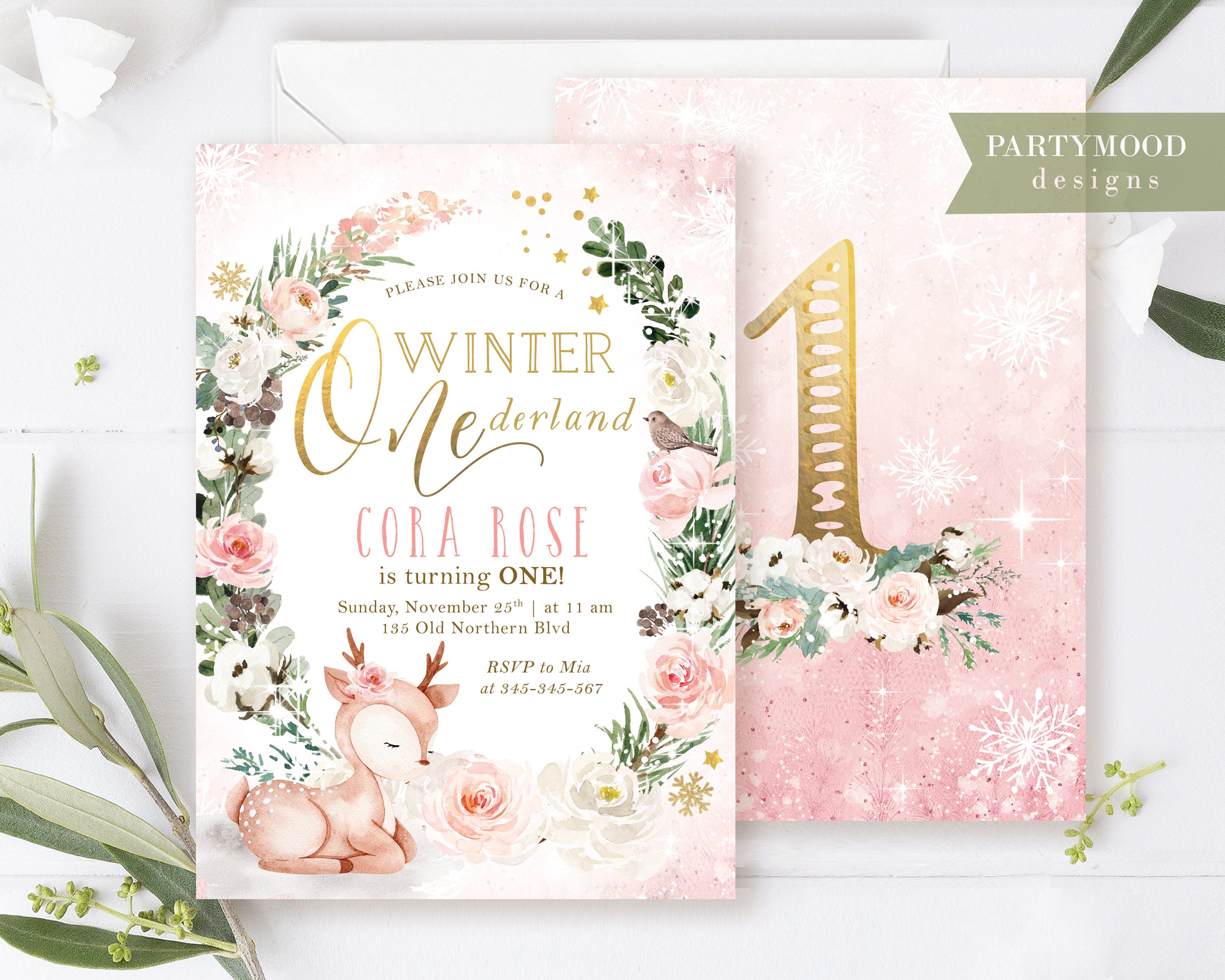 Editable Winter ONEderland Deer Girl Birthday Invitation Woodland Winter Forest Wonderland Party Snowflake 1st Birthday Gold