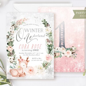 May include: A winter wonderland themed first birthday party invitation with a silver glitter one, a floral wreath, and a fawn. The text reads "Please join us for a Winter One-derland Cora Rose is turning ONE! Sunday, November 25th at 11 am 135 Old Northern Blvd. RSVP to Mia at 345-345-567"
