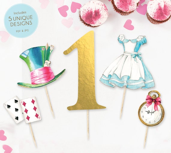 25pcs Alice In Wonderland Theme Birthday Party Supplies, Alice Cake  Decorations with 1pcs Cake Topper, 24pcs Cupcake Toppers for Kids Alice In