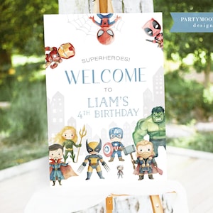 Superheroes Welcome Sign, Birthday Sign Reception, Avengers Decor, Superhero Theme Boy Avengers Party, Editable Download, Printable Template