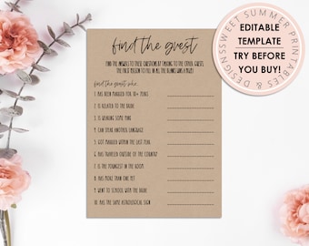 Find The Guest Editable Game Template, Editable Bridal Game, Bridal Shower Game Printable, Rustic Bridal Shower, Bridal Shower Editable Game