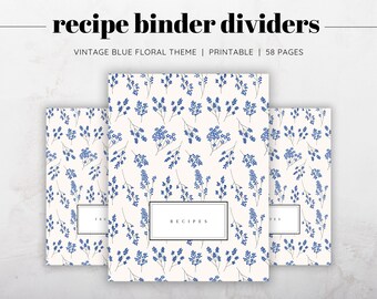 Vintage Blaue Blumen Rezept Binder Teiler, Rezept Binder druckbare Abschnitte, Rezept Binder Kit, Blumenrezept Binder, Rezept Binder Geschenk