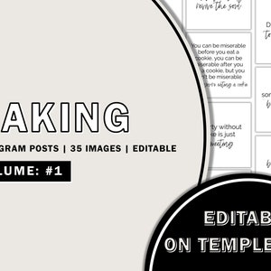 May include: A digital download of 35 Instagram post templates for baking themed content. The text "BAKING" is in large, bold letters at the top of the image. The text "INSTAGRAM POSTS | 35 IMAGES | EDITABLE" is below the title. The text "VOLUME: #1" is in a box below the previous text. The text "EDITABLE ON TEMPLETT" is in a circle at the bottom of the image. The image also includes several sample Instagram post templates with text about baking.
