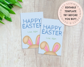 Bunny Ear Blue Easter Gift Tag Printable, Editable Easter Basket Tag, Easter Tag Printable, Easter Gift Tag Editable