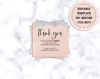 Blush Holographic Thank You Coupon Inserts, Reseller Thank You Coupon Template, Instant Download Coupon, Online Shop Coupon Printable