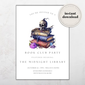 Skull Book Club Printable Invitation Template, Book Club Party Invitation, Book Party Invite, Club Printable, Reading Journal