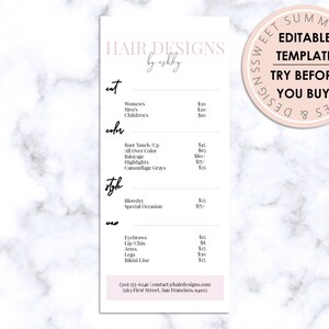 Hair Salon Editable Price List, Hair Editable Rack Card, Hair Editable Pricing Sheet, Hair Business Logo, Hair Salon Template, Price List