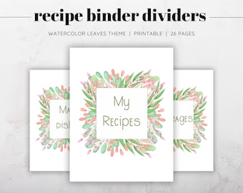 Watercolor Leaves Theme Recipe Binder Dividers Printable, Printable Recipe Section Pages, Watercolor Theme Recipe, Recipe Binder Dividers