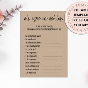 All Eyes On The Bride Game, And The Bride Wore Game, Bridal Shower Game Printable, Rustic Bridal Shower, Bridal Shower Editable Game