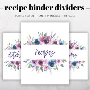 Purple Watercolor Floral Recipe Binder Dividers, Printable Recipe Book Dividers, Printable Recipe Binder Sections, Purple Binder Dividers