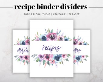 Purple Watercolor Floral Recipe Binder Dividers, Printable Recipe Book Dividers, Printable Recipe Binder Sections, Purple Binder Dividers