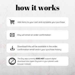 K&ouml;nnte beinhalten: Ein Diagramm, das erkl&auml;rt, wie man digitale Artikel auf Etsy kauft und herunterl&auml;dt. Die Etsy-App unterst&uuml;tzt keine digitalen Downloads, daher sollten Benutzer stattdessen auf Etsy.com im Webbrowser ihres Telefons zugreifen.