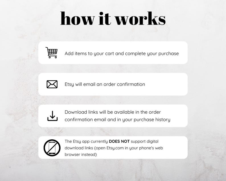 K&ouml;nnte beinhalten: Ein Diagramm, das erkl&auml;rt, wie man digitale Artikel auf Etsy kauft und herunterl&auml;dt. Die Etsy-App unterst&uuml;tzt keine digitalen Downloads, daher sollten Benutzer stattdessen auf Etsy.com im Webbrowser ihres Telefons zugreifen.