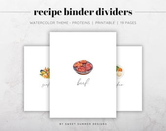 Printable Watercolor Proteins Recipe Binder Dividers | 19 Category Set | Recipe Organizer Tabs | Kitchen Binder Inserts | Instant Download