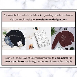 May include: Three images showcasing different products available on the website sweetsummerdesigns.com. The first image shows a black sweatshirt with the text "small business owner" printed on it. The second image shows a notebook with a heart pattern. The third image shows a maroon sweatshirt with the text "Read More & Worry Less" printed on it.