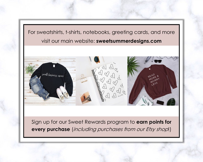 May include: Three images showcasing different products available on the website sweetsummerdesigns.com. The first image shows a black sweatshirt with the text "small business owner" printed on it. The second image shows a notebook with a heart pattern. The third image shows a maroon sweatshirt with the text "Read More & Worry Less" printed on it.