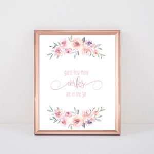 Guess How Many Corks Game, Blush Floral Sign, Bridal Shower Game, Bridal Shower Printable Sign, Instant Download