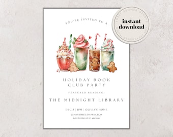 May include: Invitation to a Holiday Book Club Party featuring "The Midnight Library" at Olivia's home on December 8th at 1 PM. The invitation features a watercolor illustration of four festive drinks with whipped cream and gingerbread cookies.