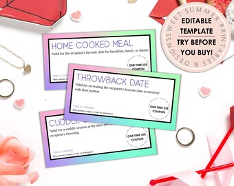 Editable Rainbow Love Coupons, Editable Valentine's Day Coupons, Coupons For Him Coupons For Her, Printable Love Coupon Templates