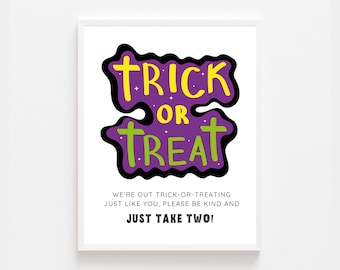 Trick or Treat Purple Sign Printable | We’re Out Trick or Treating Sign | Halloween Porch Sign | Instant Download