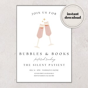 Champagne Book Club Printable Invitation Template, Book Club Party Invite, Book Party Invite, Club Printable, Reading Journal Print