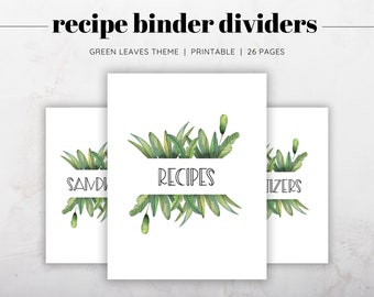 Recipe Binder Dividers Printable, Green Grass Recipe Binder Dividers, Green Recipe Binder Kit Printable, Recipe Book Inserts