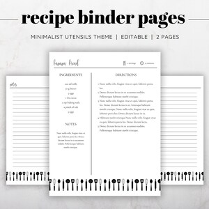 May include: Printable recipe binder pages with a minimalist utensils theme. The pages are editable and include sections for ingredients, directions, and notes. The text "banana bread" is at the top of the page.