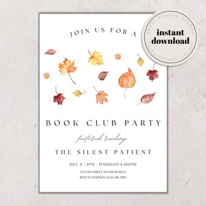 Autumn Leaves Book Club Printable Invitation Template, Book Club Party Invite, Book Party Invite, Club Printable, Reading Journal Print