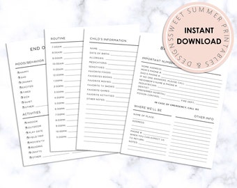 Babysitter&#39;s Information Printable, Babysitter Log Printable, Babysitter Notes, Nanny Log Printable, Nanny Notes, Emergency Contact