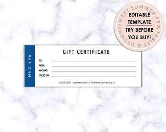 Puede incluir: Una plantilla de certificado de regalo azul y blanco para Med Spa con el texto "Gift Certificate" y campos para "To", "From", "Amount" y "Issued On". La plantilla también incluye el número de teléfono, el sitio web y la dirección de la empresa.