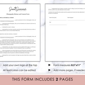 May include: A two-page photography release and consent form with a pink and white marble background. The form includes sections for clinical and medical consent, and marketing and educational consent. The form measures 8.5 inches by 11 inches.