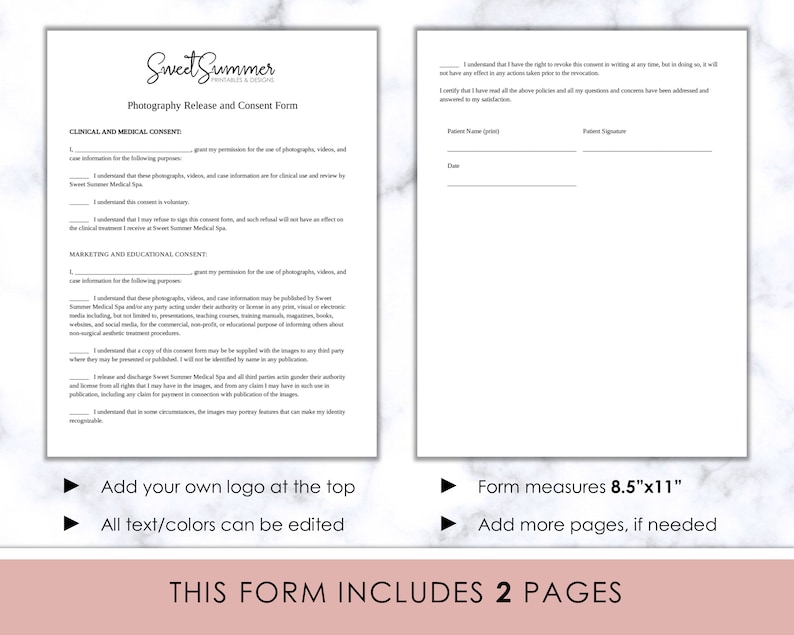 May include: A two-page photography release and consent form with a pink and white marble background. The form includes sections for clinical and medical consent, and marketing and educational consent. The form measures 8.5 inches by 11 inches.