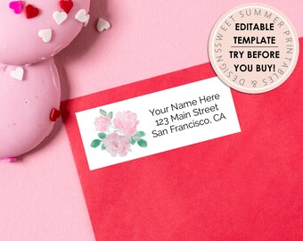 Valentine's Pink Roses Editable Return Address Label Template, Editable Return Label Template, Printable Return Label, DIY Return Label