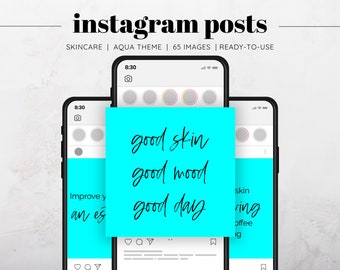 May include: A mockup of two Instagram posts with a turquoise background. The text on the post reads "good skin good mood good day".