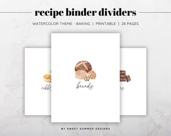 Printable Watercolor Baking Recipe Binder Dividers | 28 Category Set | Baking Organizer Tabs | Kitchen Binder Inserts | Instant Download
