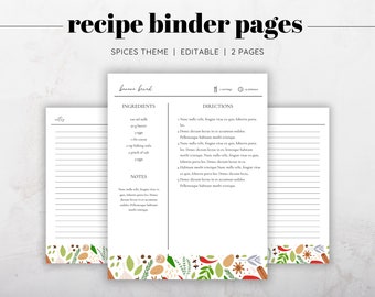 Spices Recipe and Notes Pages, Recipe Binder Printable Sections, Recipe Binder Kit, Floral Recipe Binder, Recipe Binder Gift