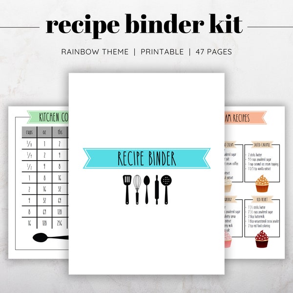 Recipe Binder Kit Printable, Recipe Binder Kit Templates, Printable Recipe Cards, Rainbow Theme Recipe Binder, Colorful Banners Recipe Kit