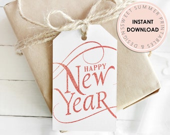 Red Shimmer New Year Tag Printable, New Year Tag, New Years Treat, Champagne Tag, Christmas Gift Tag Printable, New Years Eve Treat