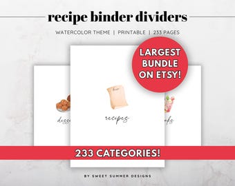 Watercolor Recipe Binder Divider Bundle – 233 Printable Categories | Watercolor Kitchen Binder | Instant Download | Recipe Organization Set