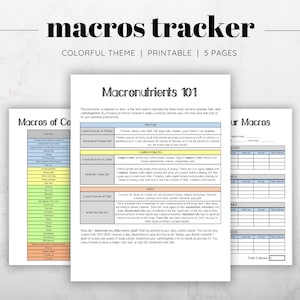 Peut inclure: Un suivi de macros imprimable avec un thème coloré. Le suivi comprend une page avec un tableau pour suivre les macros pour le petit-déjeuner, le déjeuner, le dîner et les collations. Il y a aussi une page avec des informations sur les macronutriments, y compris les bonnes sources de protéines, de glucides et de lipides.