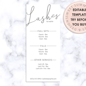 Puede incluir: Una lista de precios imprimible en blanco y negro para servicios de pesta&ntilde;as. La lista incluye juegos completos, rellenos y otros servicios como levantamientos y tintes de pesta&ntilde;as. El texto dice "Lashes by sophie" e incluye el n&uacute;mero de tel&eacute;fono (925) 555-0942 y el sitio web lashesbysophie.com.