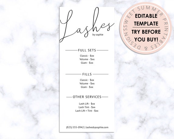 Lashes Editable Price List, Lashes Editable Rack Card, Lashes Editable Pricing Sheet, Lashes Business Logo, Lash Template, Price List