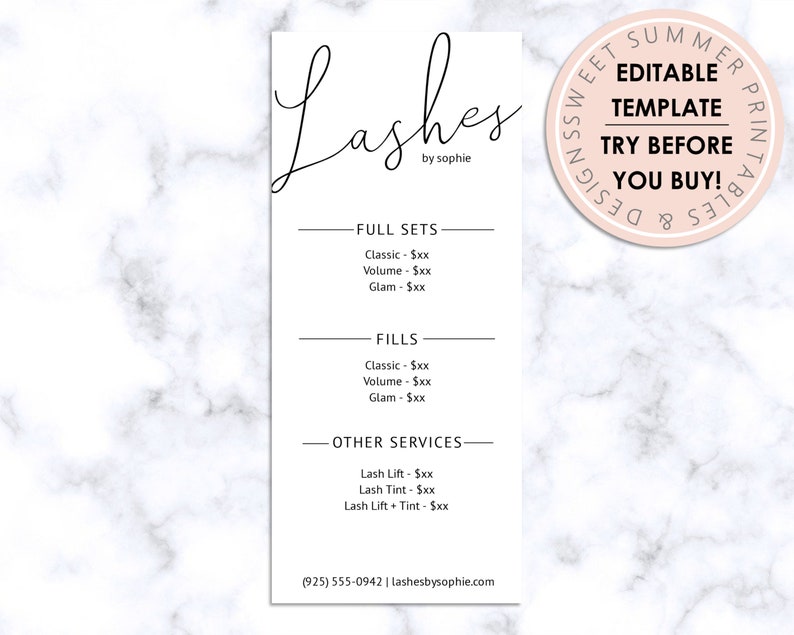 Puede incluir: Una lista de precios imprimible en blanco y negro para servicios de pesta&ntilde;as. La lista incluye juegos completos, rellenos y otros servicios como levantamientos y tintes de pesta&ntilde;as. El texto dice "Lashes by sophie" e incluye el n&uacute;mero de tel&eacute;fono (925) 555-0942 y el sitio web lashesbysophie.com.